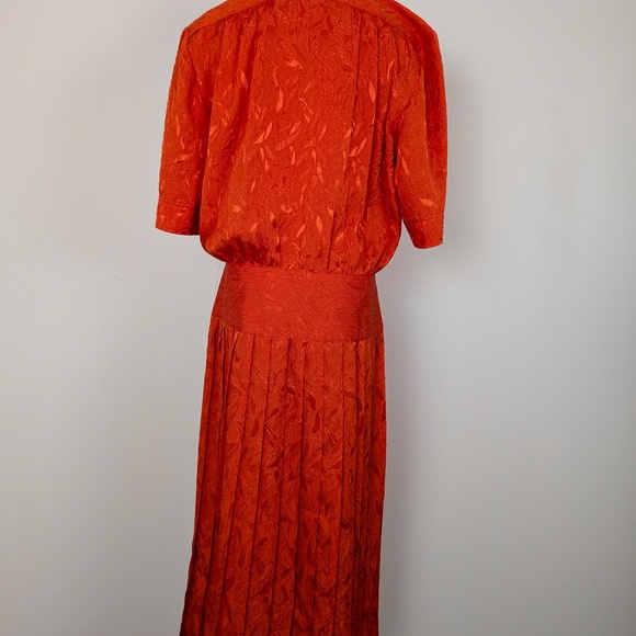 80s Orange Midi Dress Drop Waist Peplum Doubled Breasted Collar V-Neck - Picture 11 of 11